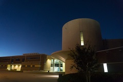 a campus building at night
